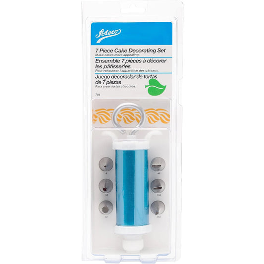 7 piece cake decorating set in packaging, includes decorating syringe and six metal tips.