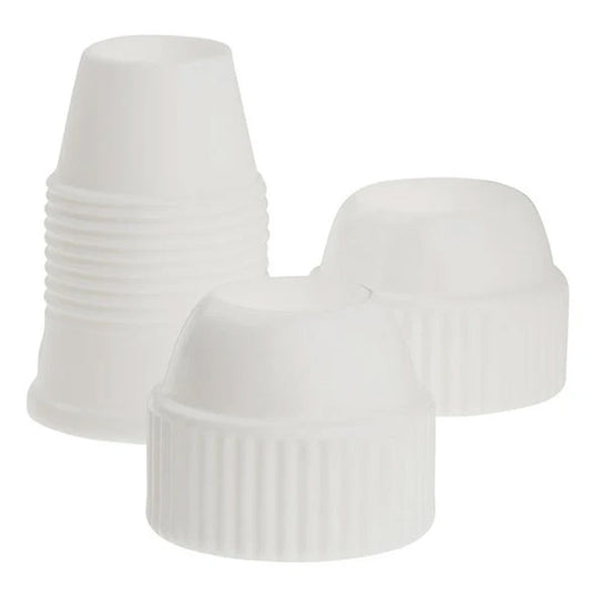 White 3-piece piping tip coupler set showing a stacked coupler base and two ridged coupler rings for medium and medium-large decorating tips on a white background.