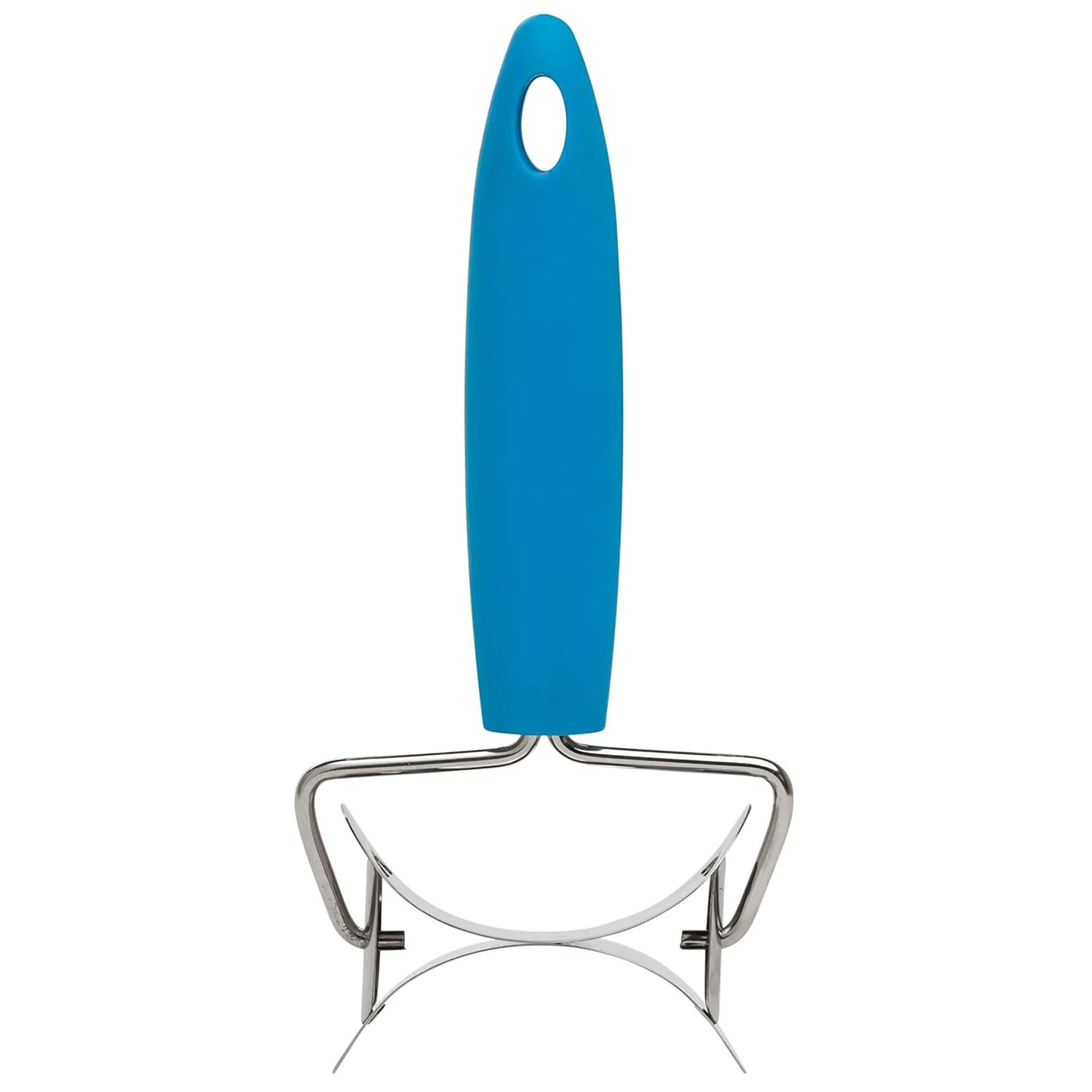 Stainless steel rolling circle cutter with a curved metal cutting wheel and a bright blue silicone handle, shown on a white background.