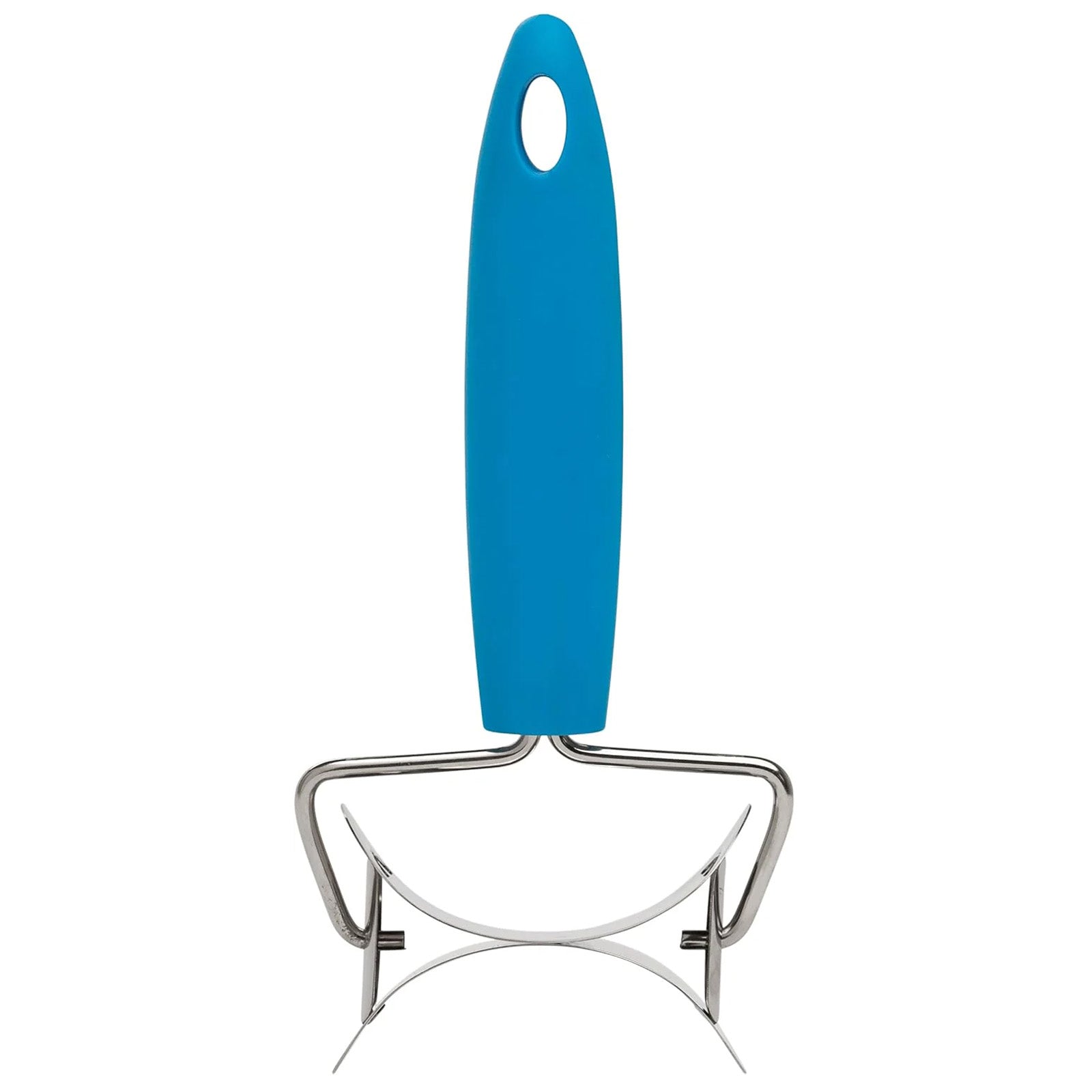 Stainless steel rolling circle cutter with a curved metal cutting wheel and a bright blue silicone handle, shown on a white background.