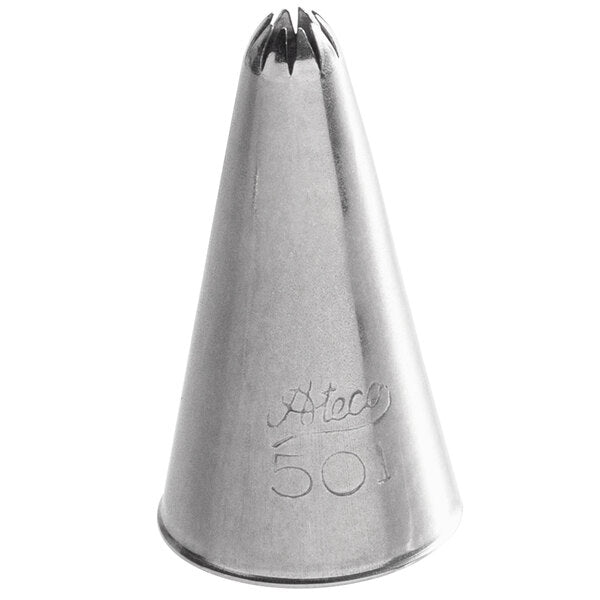 Ateco Closed Star Tip #501, stainless steel piping tip with a 0.19-inch opening, perfect for creating detailed and deeply grooved icing patterns on baked goods.