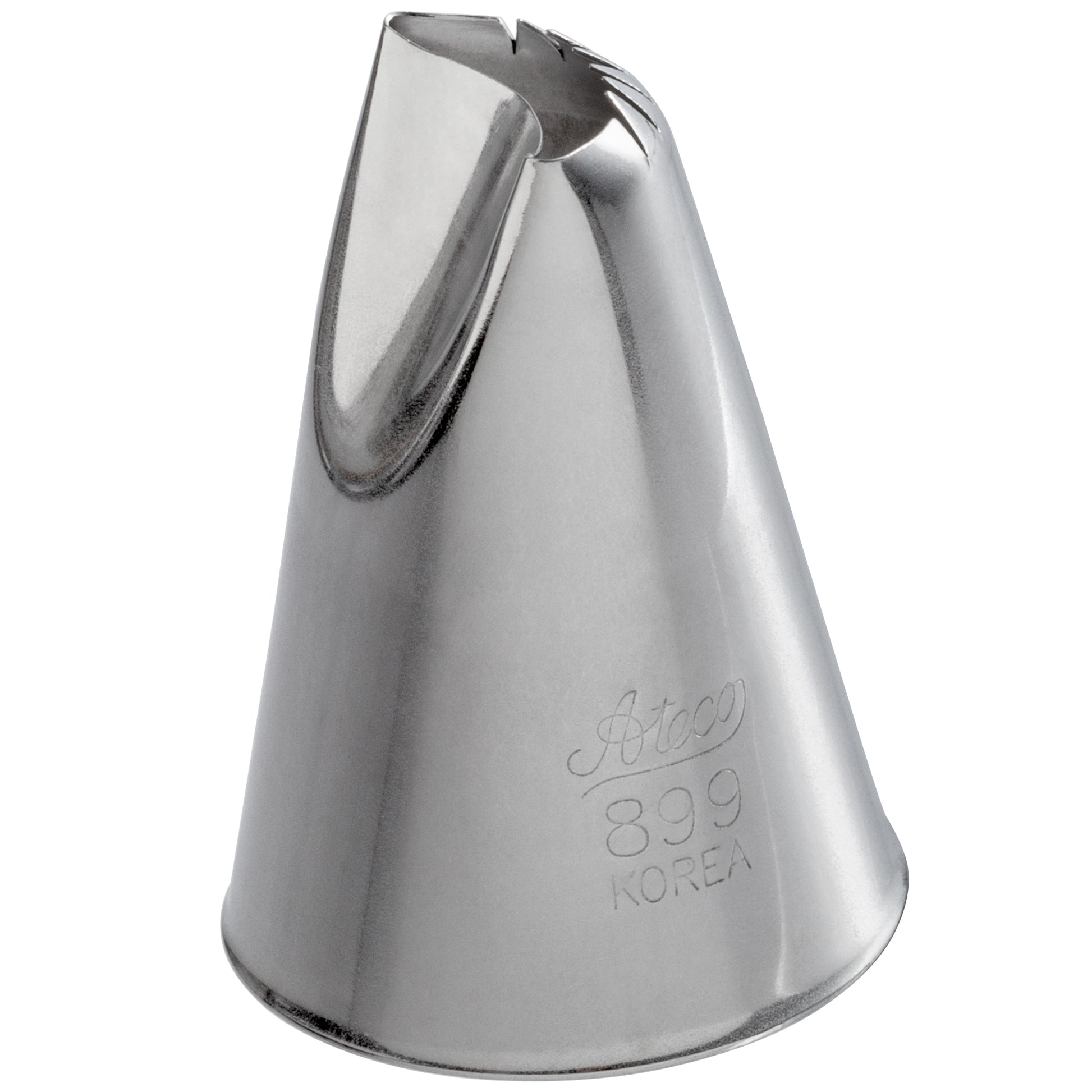 Ateco #899 Large Shell piping tip with a 0.69" shell-shaped opening, perfect for creating ocean-inspired designs like shells and waves. Durable stainless steel construction.