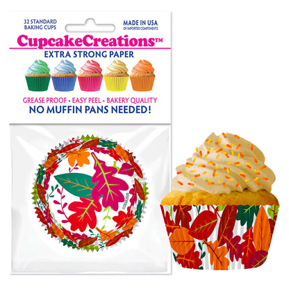 Autumn Leaves standard size cupcake liners, 32 count package, featuring extra-strong, bakery-quality paper with vibrant fall leaf designs, naturally grease-proof, easy-peel, and meeting FDA and European safety standards. Ideal for autumn-themed baking.