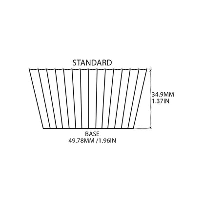 Standard cupcake liner specifications. Diagram showing the dimensions: base diameter 49.78mm (1.96 inches) and height 34.9mm (1.37 inches).