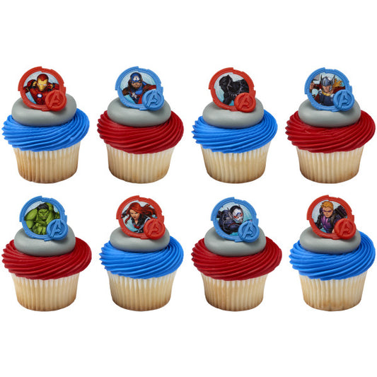 Vanilla cupcakes topped with red, blue, and gray frosting, each decorated with a different Avengers character ring.