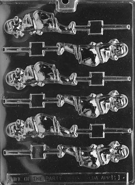 Clear chocolate mold with a standing pregnant lady silhouette for lollipops; slim outline and gentle curves on a white background.