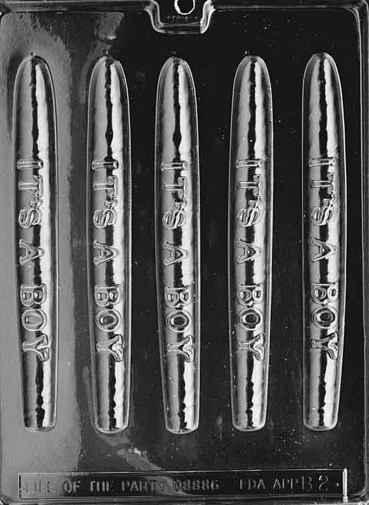 Clear mold with long cigar-shaped cavity labeled It’s a Boy; rounded ends and band panel visible.