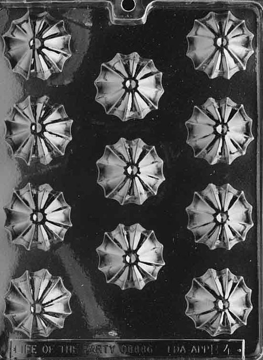 Clear plastic mold with small umbrella-top cavities; shallow domes with rib lines; white background.