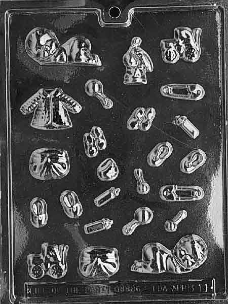 Clear mold packed with miniature baby-themed cavities; small, shallow shapes for décor.