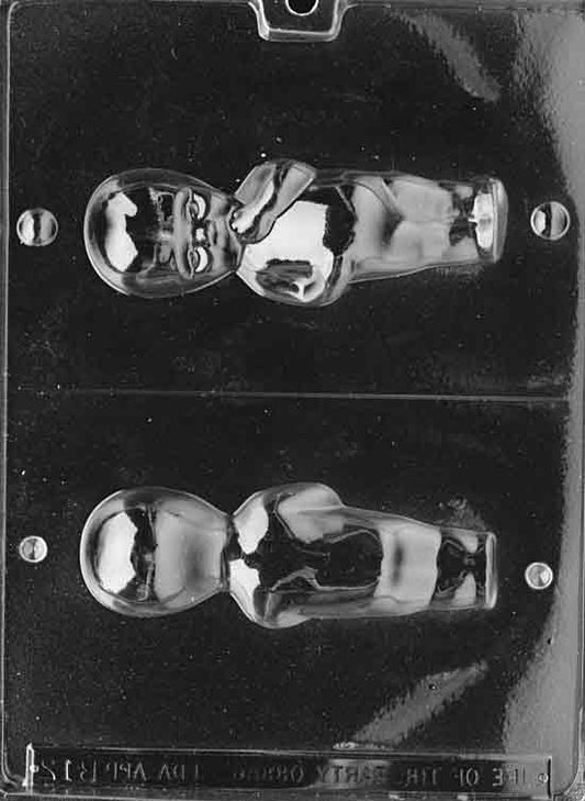 Clear two-part style mold forming a standing Kewpie doll; rounded cheeks, bow detail, smooth contours.