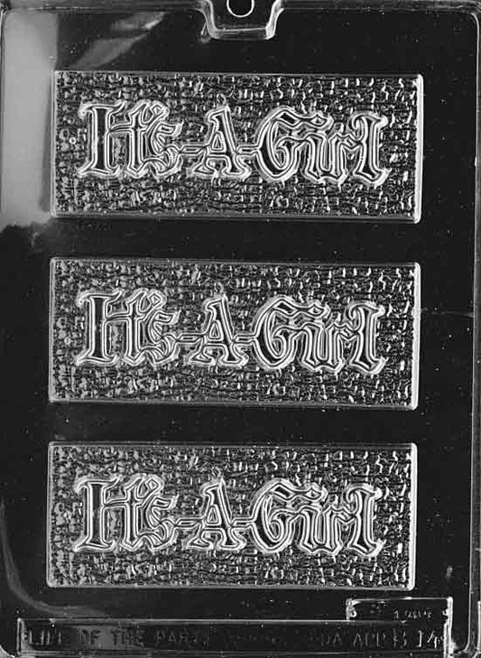 Clear tablet mold with “It’s a Girl” raised lettering; tidy rectangle with smooth borders.
