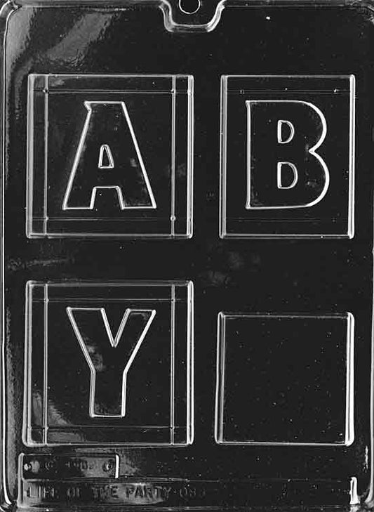 Clear mold creating a large cube with raised block letters on faces; defined edges; display-friendly scale.