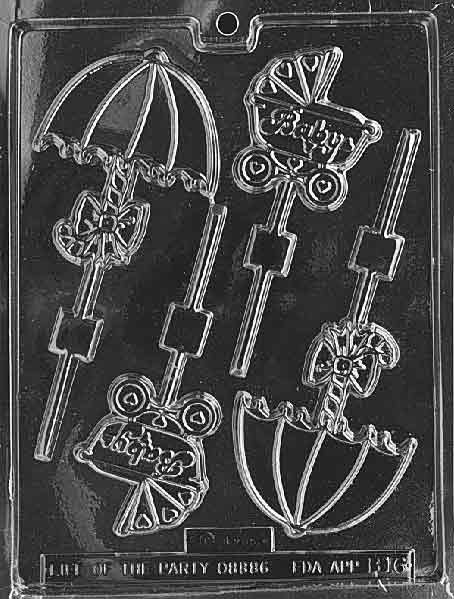 Clear lollipop mold featuring baby carriage and umbrella shapes; embossed spokes and canopy ribs.