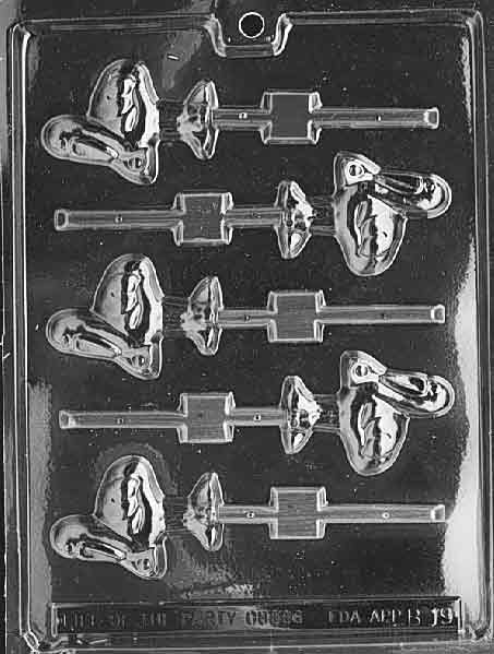 Clear mold with stork lollipop cavity featuring beak, wing, and bundle relief; clean outline.