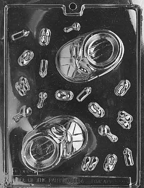 Clear mold cavity shaped like a baby bootie with strap and toe emboss; deeper pour profile.