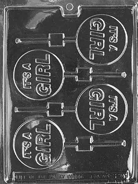 Clear circular lollipop mold with “It’s a Girl” raised text; smooth edge; stick groove.