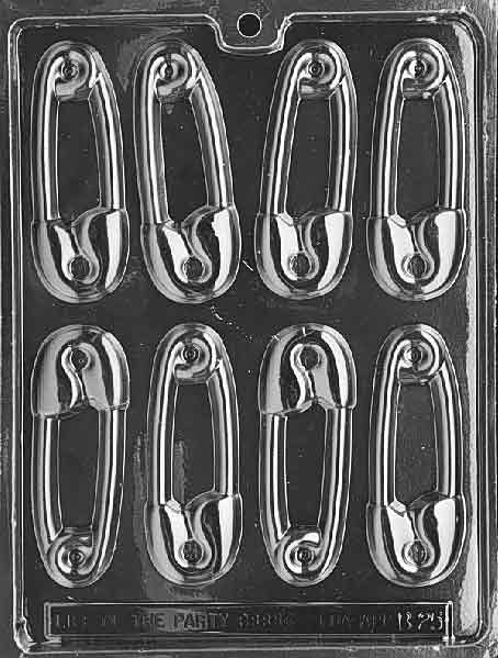 Sheet with long safety pin cavities showing rounded head and clasp; slender outline on white.