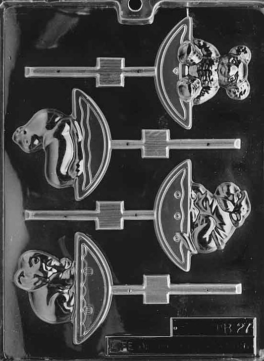 Clear mold with several rocking animal lollipop cavities; curved rockers and animal outlines; white background.
