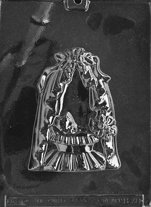 Clear plaque-style mold featuring bassinet with hood and bedding detail; smooth border; white background.