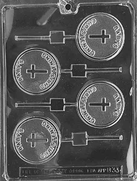 Clear circular lollipop mold featuring christening text and border ring; centered stick channel.