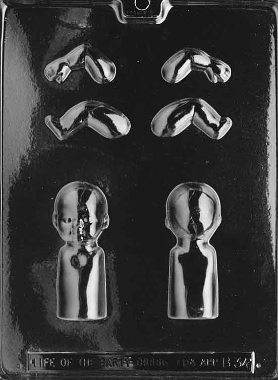 Clear two-part style mold creating a small Kewpie doll; rounded cheeks, bow, and hair swirl detail.