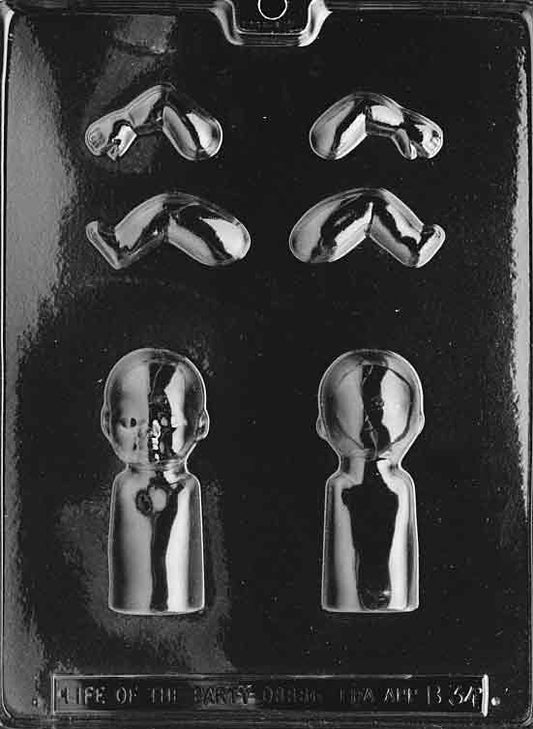 Clear two-part style mold creating a small Kewpie doll; rounded cheeks, bow, and hair swirl detail.