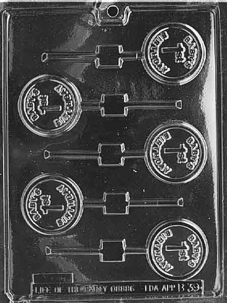 Clear circular lollipop mold embossed with “Baby’s 1st Birthday”; neat border; centered stick groove.