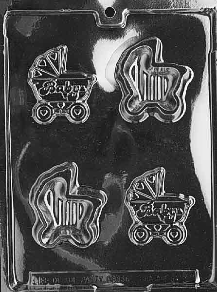 Clear mold forming a shallow pour box with baby carriage face; hood ribs and wheel spokes embossed.