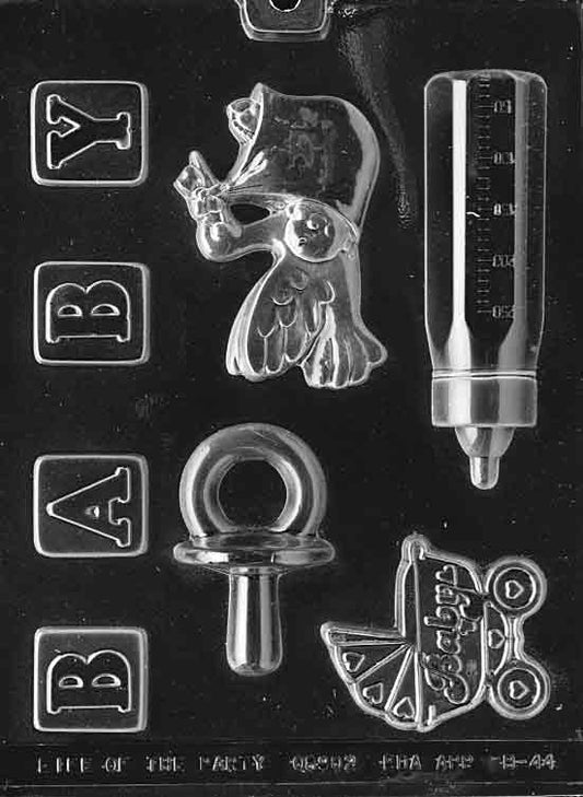 Clear sheet packed with assorted baby icons; crisp outlines and small decorative details; white background.