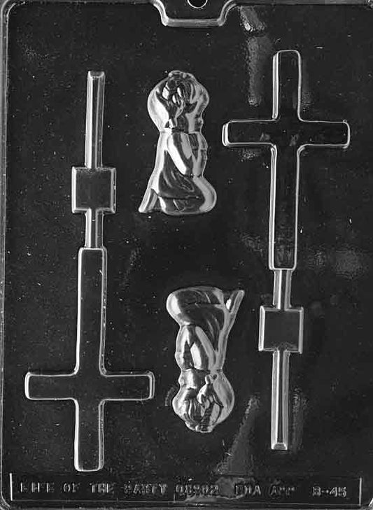 Clear lollipop mold with round discs embossed for a girl’s christening; slim border ring and centered stick channel.