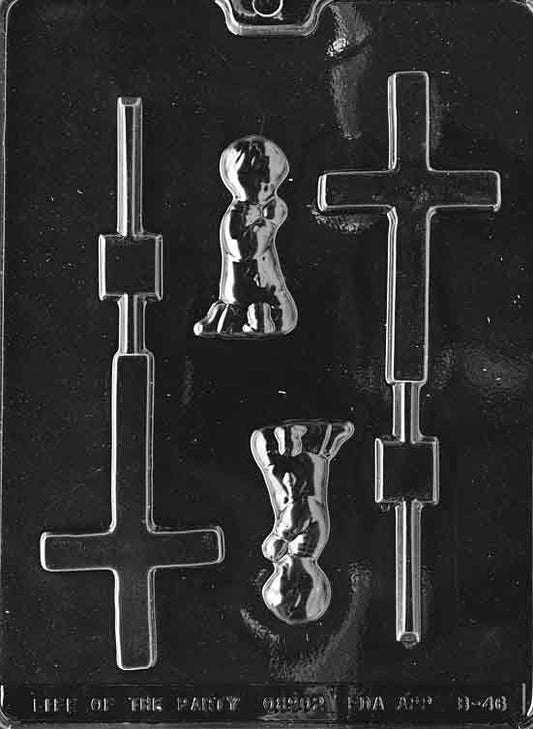 Clear circular lollipop cavities labeled for a boy’s christening; border ring and stick groove visible.