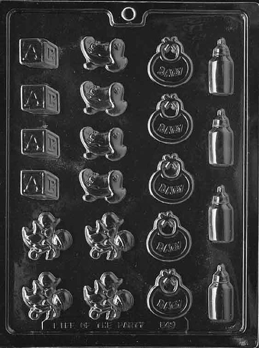 Clear sheet of miniature cavities with baby-themed shapes; shallow depth for accent work.