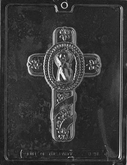 Clear cross-shaped cavity with beveled edges and soft relief; plaque scale; white background.