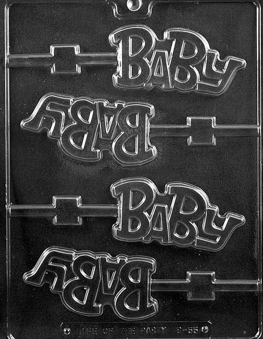 Clear lollipop mold with block letters spelling BABY; rectangular or round face depending on sheet; stick channel visible.