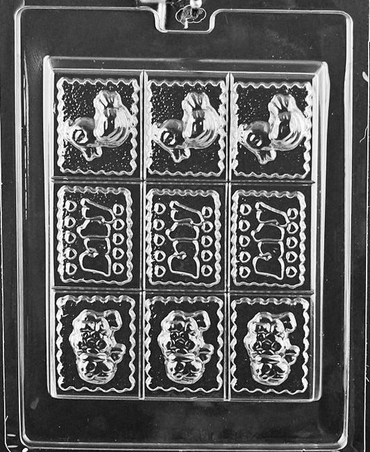Clear tray mold featuring assorted baby-themed cavities; shallow designs with neat outlines; shown on white.