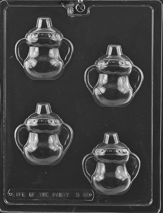 Clear plaque-style mold with sippy cup shape; spouted lid and side handle visible; glossy finish on white.