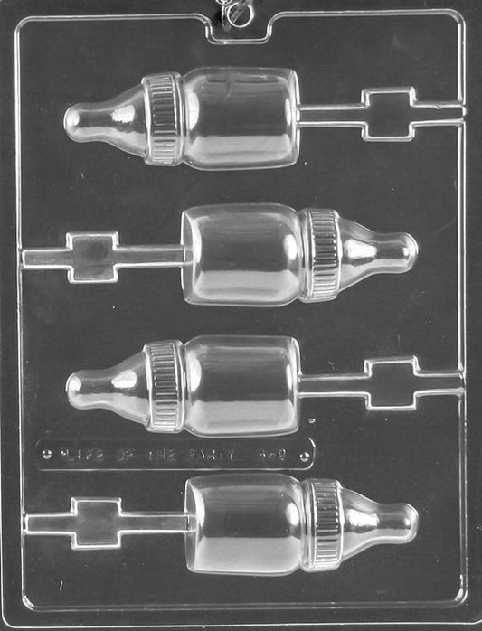 Clear mold featuring a tall baby bottle lollipop cavity; cap ridges and measurement marks defined; white background.