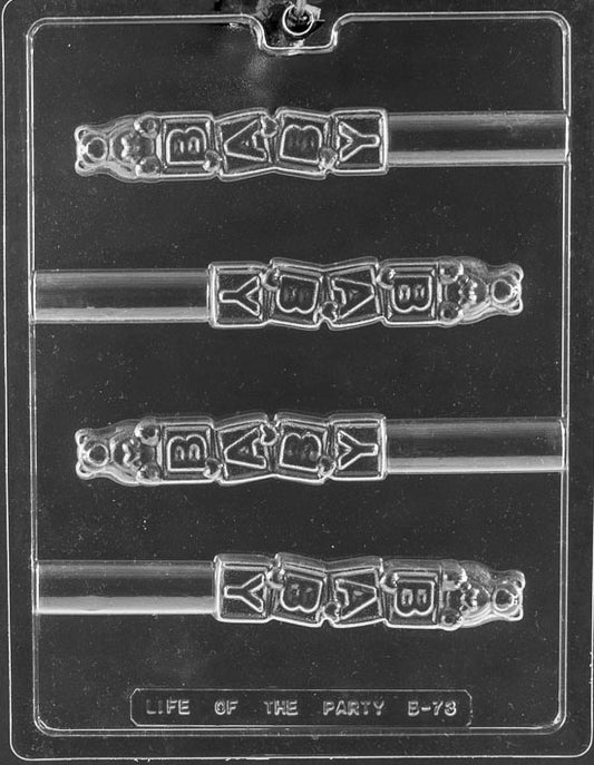 Clear mold with slim rectangular cavity featuring block letters; proportioned for pretzel rods; on white.