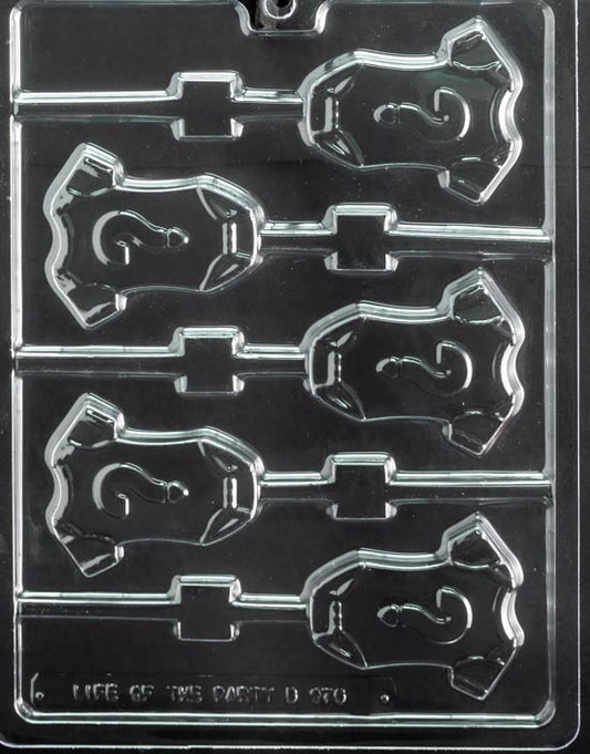 Clear lollipop mold showing a onesie with a raised question mark in the center; smooth borders; white surface.