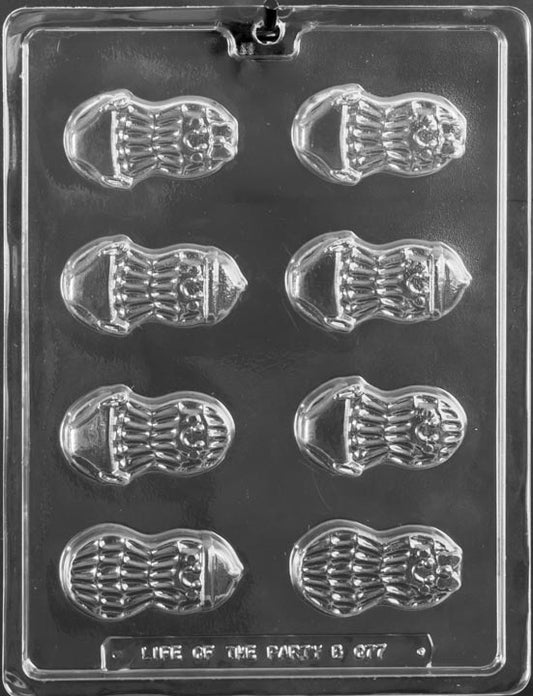Clear mold with peanut-shaped cavities; gentle curves and shell outline; glossy plastic on white.