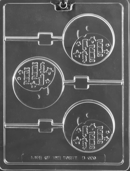 Clear lollipop mold showcasing a starry design with “Twinkle Twinkle” text; smooth edges; white backdrop.
