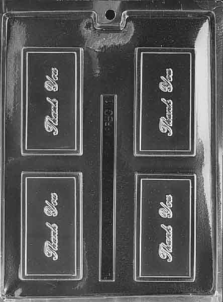 Clear chocolate mold in business-card size 3 3/4 x 2 1/8 inches with raised “THANK YOU” text; rectangular plaque and smooth border; white background.