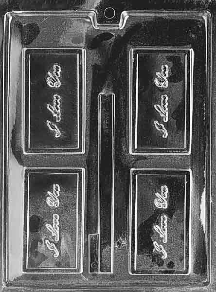 Clear mold with “I LOVE YOU” raised on a 3 3/4 x 2 1/8 in card; smooth border; glossy plastic on white.