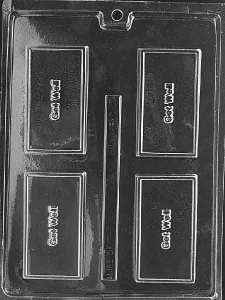 Clear card-format mold with “GET WELL” text; rectangular plaque, smooth border; white background.