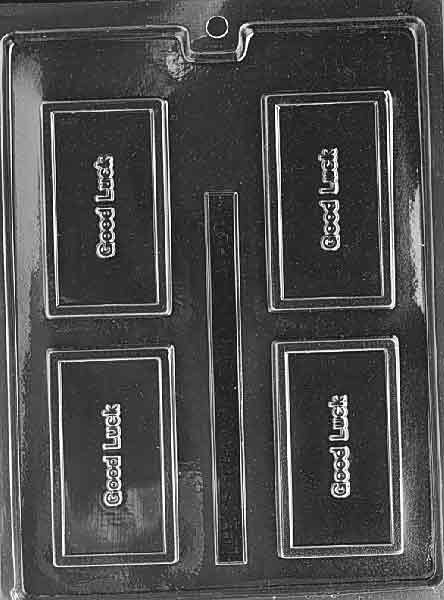 Clear business-card mold with “GOOD LUCK” raised; smooth plaque and tidy frame; photographed on white.