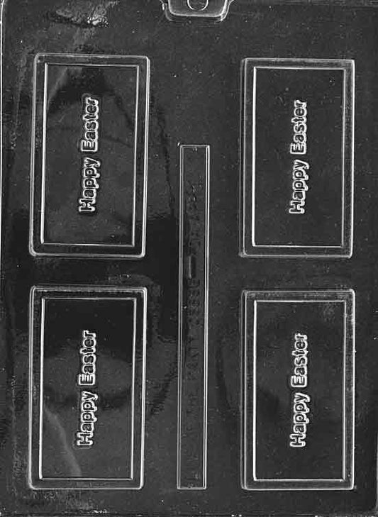 Card-style chocolate mold with “HAPPY EASTER” text; rectangular plaque, smooth border; white background.