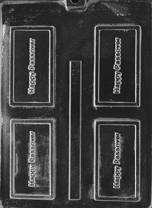 Business-card size mold with “HAPPY PASSOVER” in raised letters; smooth frame; glossy plastic on white.