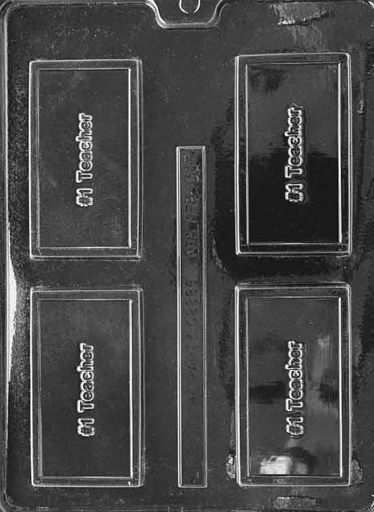 Business-card chocolate mold with “#1 TEACHER” raised text; rectangular plaque and border; white background.
