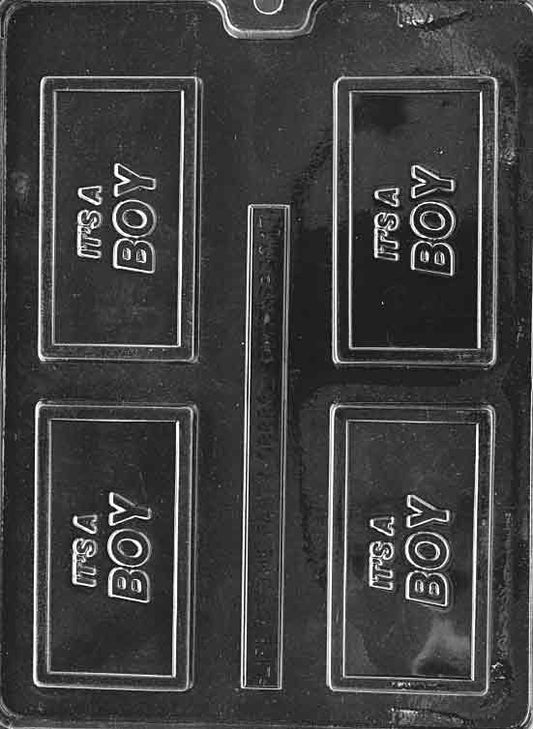 Card-style chocolate mold with “IT’S A BOY” raised text; framed rectangle; glossy plastic on white.