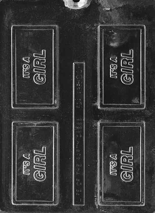 Business-card chocolate mold with “IT’S A GIRL” in raised letters; rectangular plaque; white background.